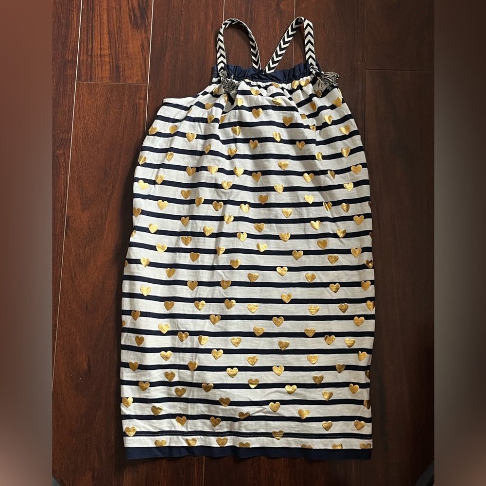 NWOT - Crewcuts Stiped Navy & White Dress with Gold Hearts - Girls size 10